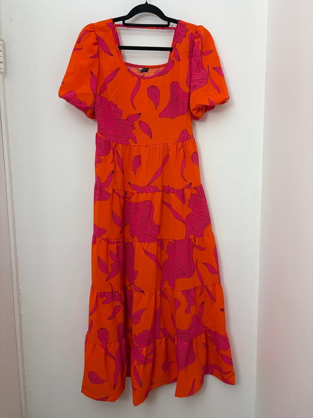 Orange Pink Floral Tiered Puff Sleeve Dress Size S NWT